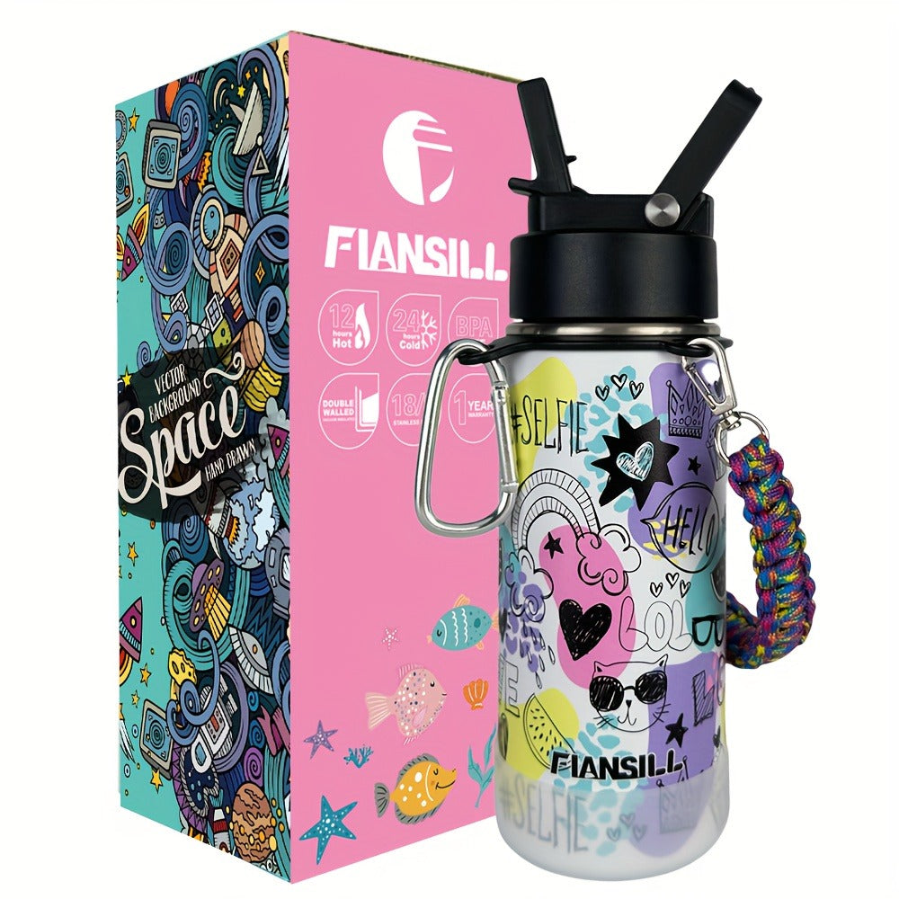 Kids Insulated Water Bottle 16oz with 3D Print Design - Stainless Steel Vacuum Flask, Leak-Proof BPA-Free, One-Hand Lid, Woven Strap & Carabiner, Perfect Student Gift for Boys & Girls, 8 Fun Styles