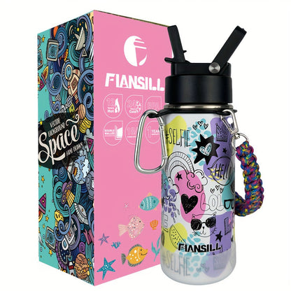 Kids Insulated Water Bottle 16oz with 3D Print Design - Stainless Steel Vacuum Flask, Leak-Proof BPA-Free, One-Hand Lid, Woven Strap & Carabiner, Perfect Student Gift for Boys & Girls, 8 Fun Styles