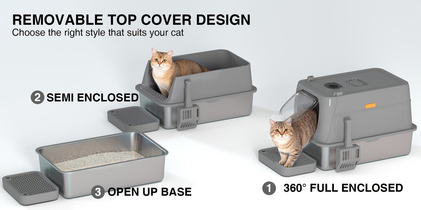 Extra Large Enclosed Cat Litter Box - Stainless Steel with Front Flap Door, Foldable Anti-Splash Fully Covered Design, Superior Odor Control Indoor Cat Toilet, 3 Colors, CITYLIFE Oversized
