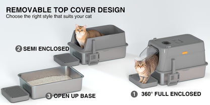 Extra Large Enclosed Cat Litter Box - Stainless Steel with Front Flap Door, Foldable Anti-Splash Fully Covered Design, Superior Odor Control Indoor Cat Toilet, 3 Colors, CITYLIFE Oversized