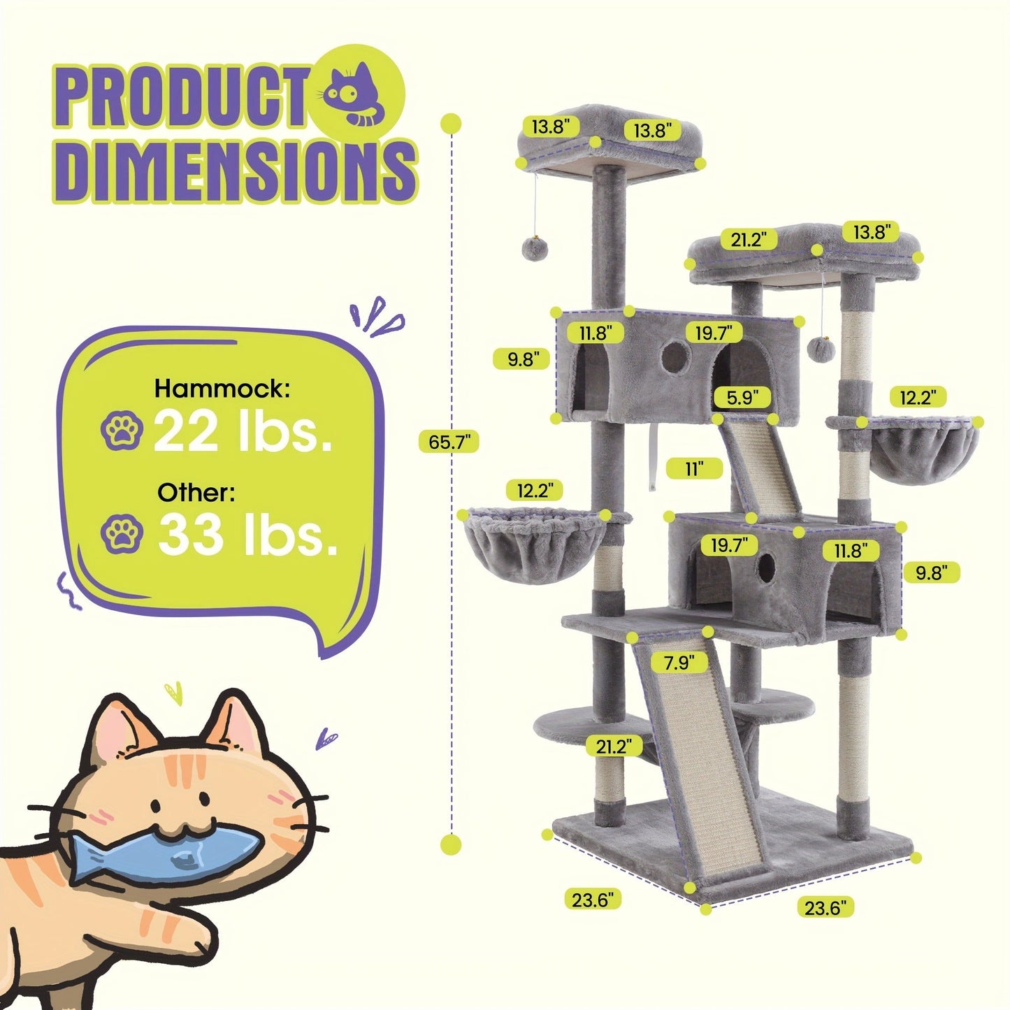 Cat Tree Tower Multi-Level for Indoor Cats - Cat Furniture with Sisal Scratching Posts, Plush Perches, Hammock, Basket & Corner Condo Cave, Hanging Toys & Climbing Ramp, Multiple Sizes & Colors