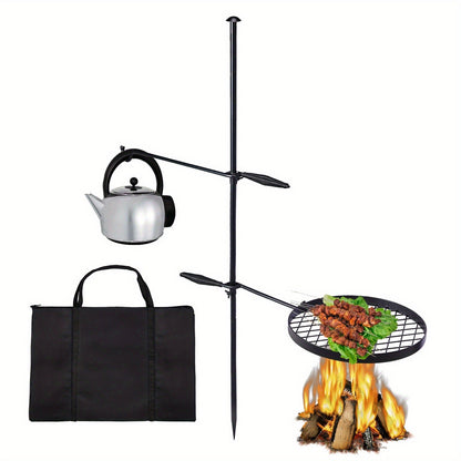 Campfire Grill Grate with Hanging Pole – Height Adjustable, 360° Rotation, 48" Thick Steel Pole, Swivel Grate Ring for Kettle, Dutch Oven & Pan – Portable Open Fire Cooking Grill for Camping & Outdoor