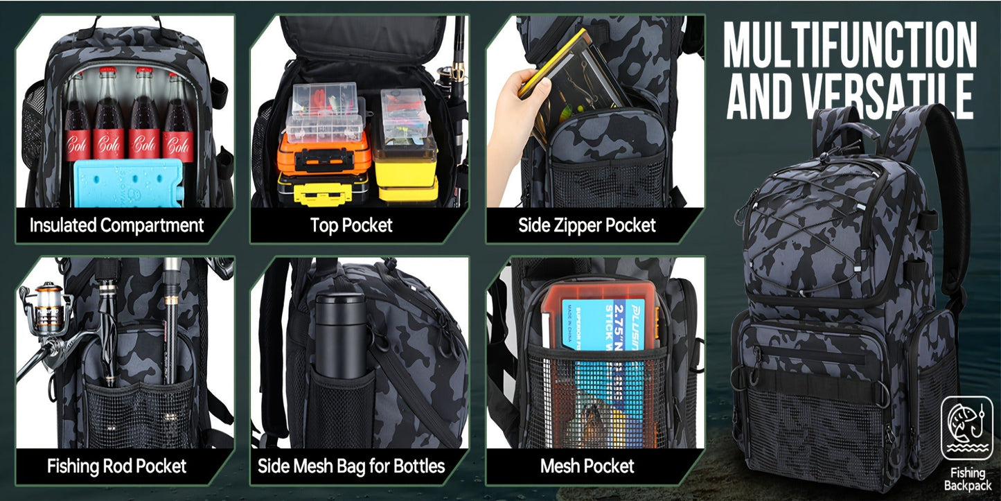 Waterproof Fishing Rod Backpack 42L – Built-In Rod Tube, 16 Pockets & Insulated Cooler Option | Black, Camo, Khaki, Gray