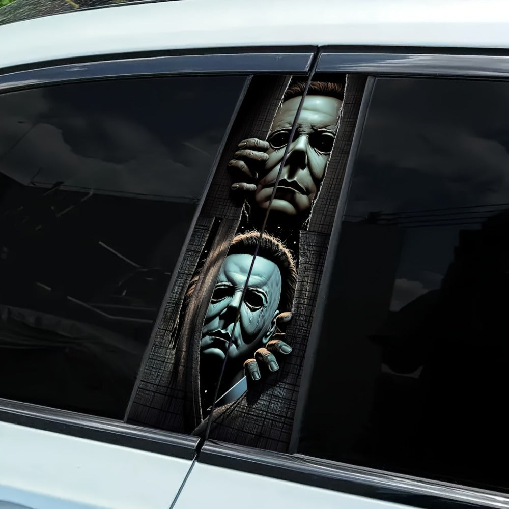 Horror Masked Figure Car Stickers 2PCS - Matte Vinyl Waterproof Scratch-Resistant Decals, Easy Apply No Residue, Halloween Car Window Bumper Sticker Set