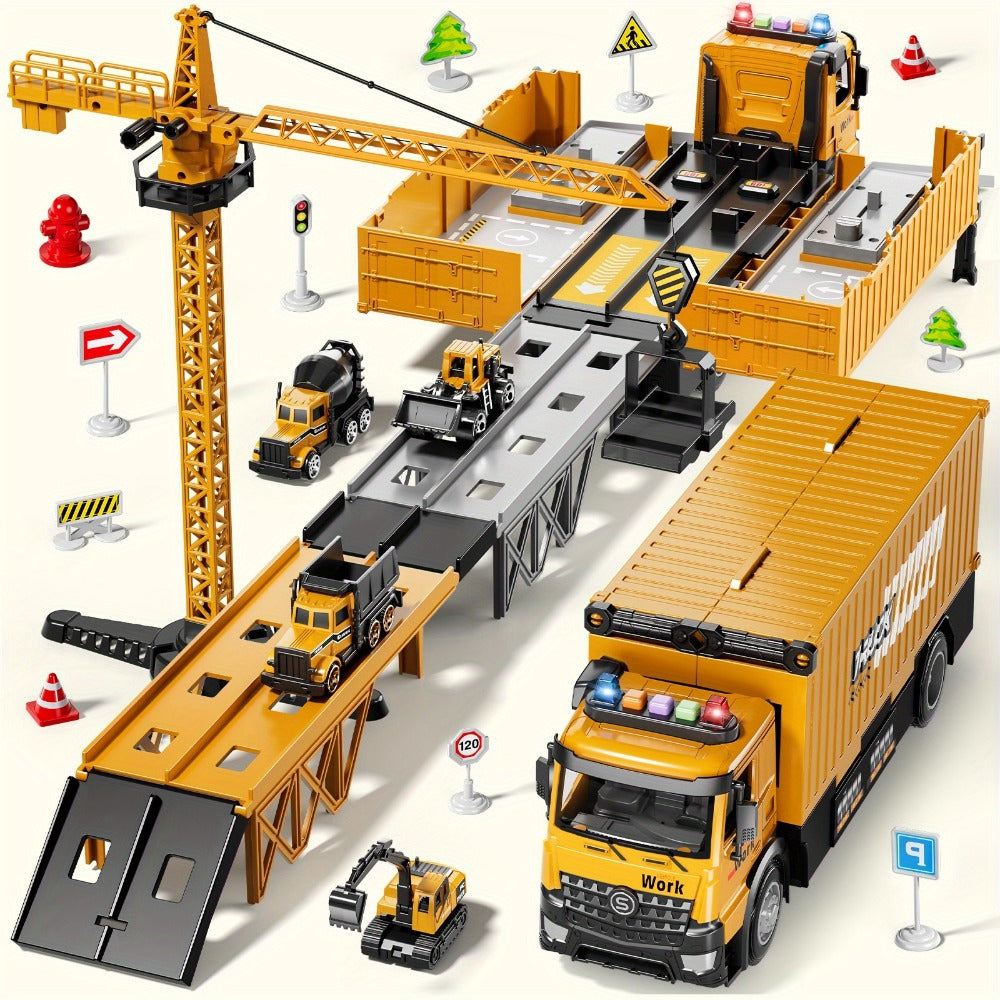 Construction Vehicle Container Truck Toy Set with Crane & Foldable Double Race Track | 4 Alloy Trucks, Realistic Sound & Lights | Kids Toy for Ages 3+