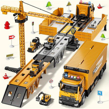 Construction Vehicle Container Truck Toy Set with Crane & Foldable Double Race Track | 4 Alloy Trucks, Realistic Sound & Lights | Kids Toy for Ages 3+