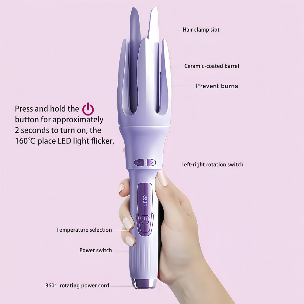 Automatic Rotating Curling Iron 4 Temperature Settings 40M Negative Ion Ceramic Barrel Anti-Tangle Auto Shut-Off Dual Voltage 110-240V Fast Heat 30s Beginner-Friendly Frizz-Free Curls All Hair Types Women