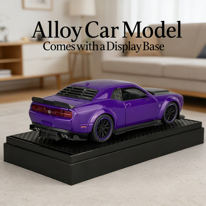 Purple Dodge Sports Car Zinc Alloy Diecast Model with Display Base & Openable Doors – High Simulation Static Display Collectible, Home Office Desktop Decoration, Gift for Car Enthusiasts