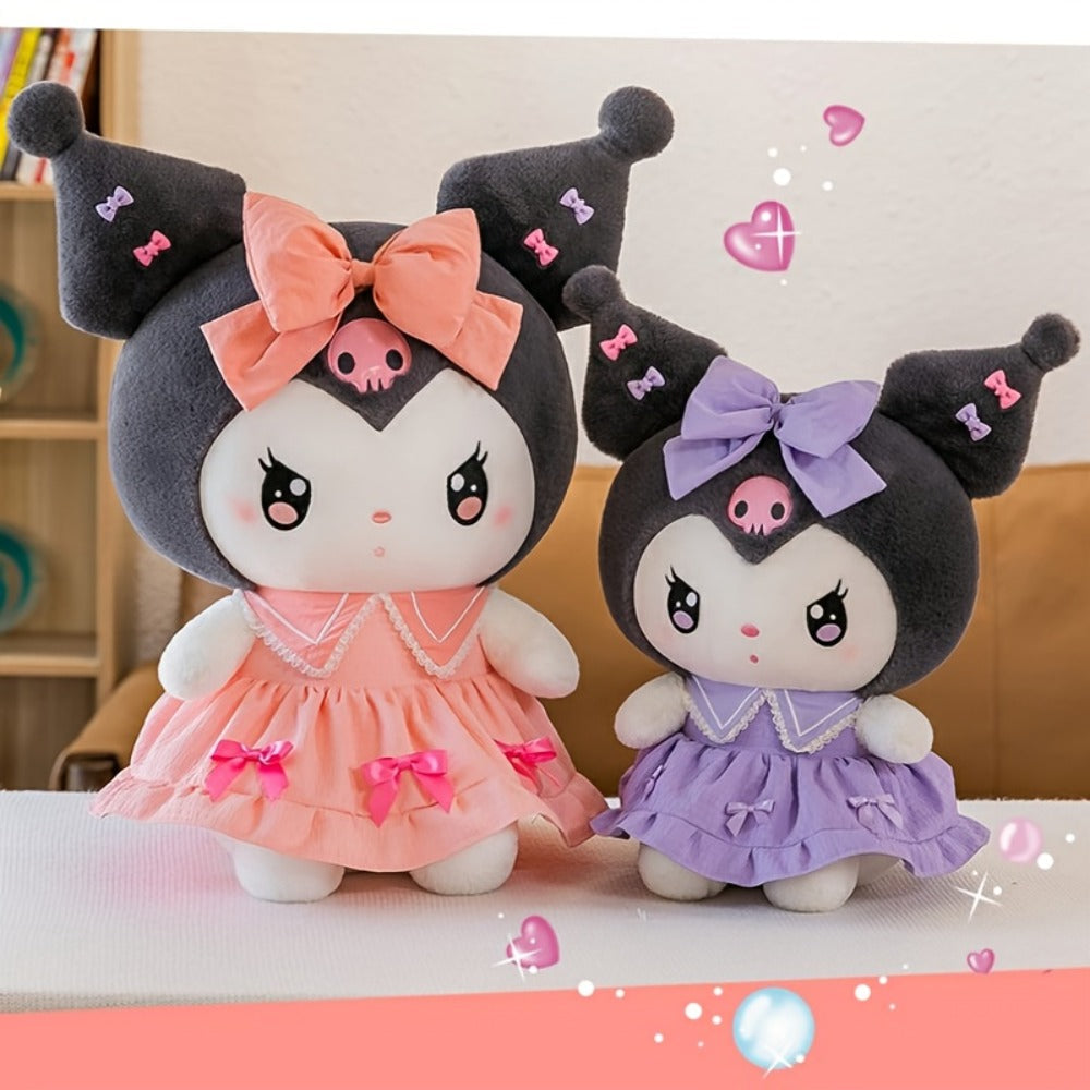 Kuromi My Melody Plush Doll Princess Dress – Soft Collectible Sanrio Stuffed Animal with Pink Bow & Ruffled Collar, Kawaii Room Decor Birthday Christmas Gift for Girls