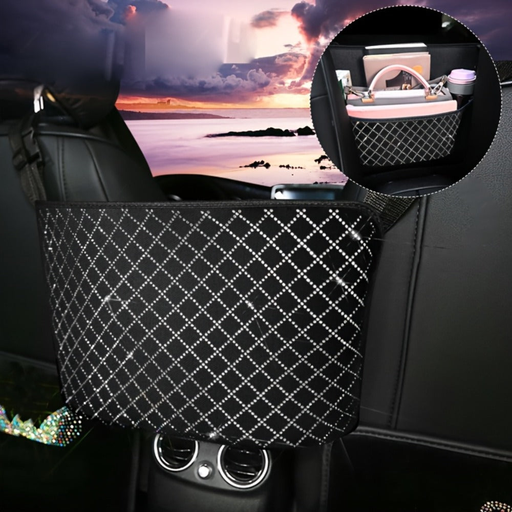 Rhinestone Car Seat Back Organizer & Purse Holder – Bling Crystal Handbag Hanger for Women, Pet Barrier for Dogs & Kids, Universal SUV Truck Car Accessories Gift for Girls