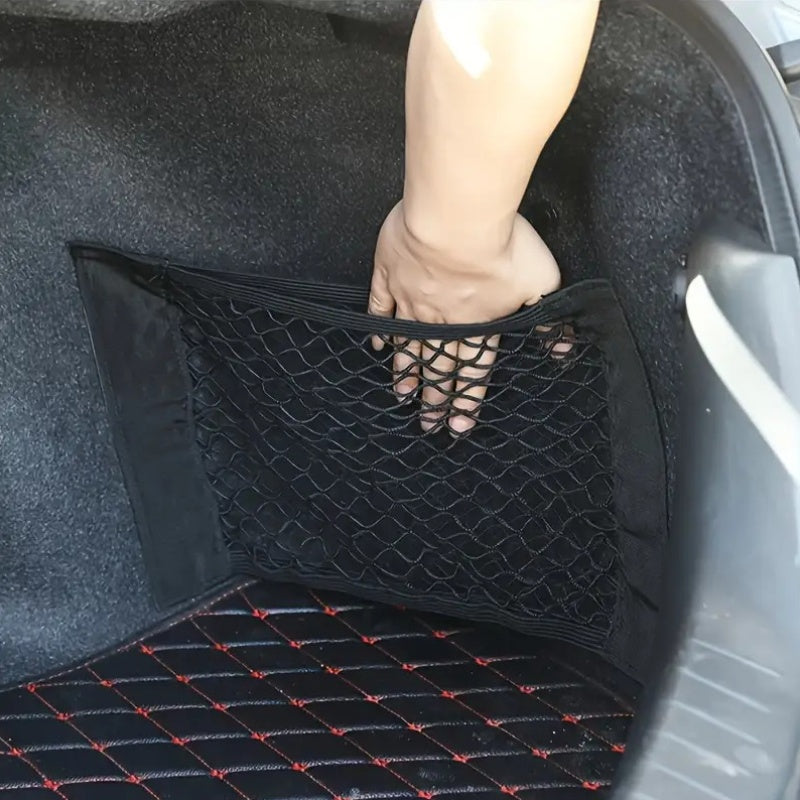Heavy-duty Car Trunk Organizer, Double-layer Mesh Storage Bag with Elastic Edges and Hook-and-loop Fasteners - Suitable for SUVs, Sedans, Trucks - Securely Holds Bottles, Tools, Fire Extinguishers - Easy-to-install Car Interior Accessory