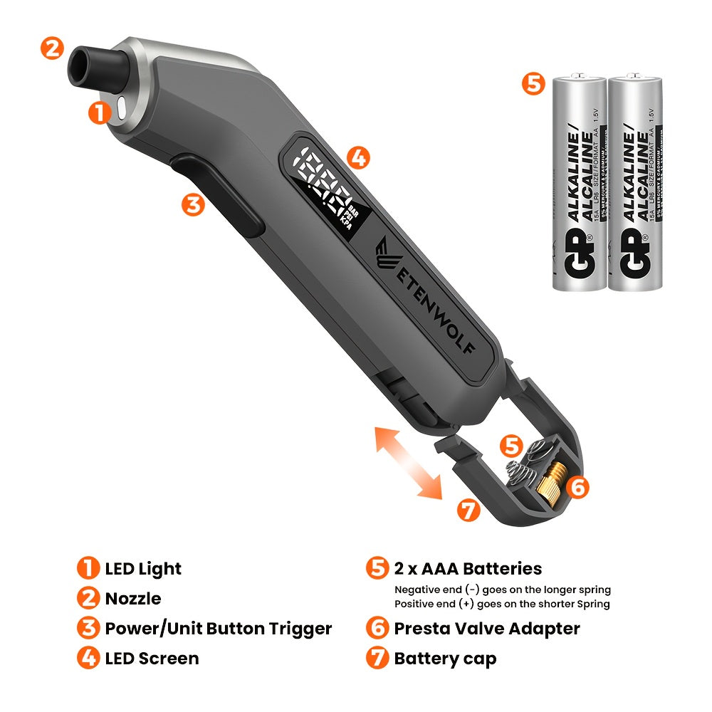 ETENWOLF S3C Ultra-Fast Tire Inflator with 160PSI and 5.81gal/Min Inflation and 7,800mAh Battery for Cars, Motorcycles, Bikes and Balls. Includes Pressure Monitor and Auto-stop Function, LED Lighting, a Variety of Adapted Nozzles and More!