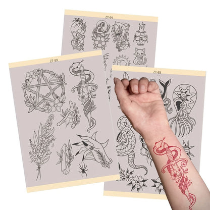 Tattoo Transfer Paper 3 Sheets – Pre-Drawn Stencils with Floral, Paisley, Spiderweb, Snake & Pizza Designs – A4 Size Body Art Stencil Kit for Beginners & Pros, No Electricity Needed