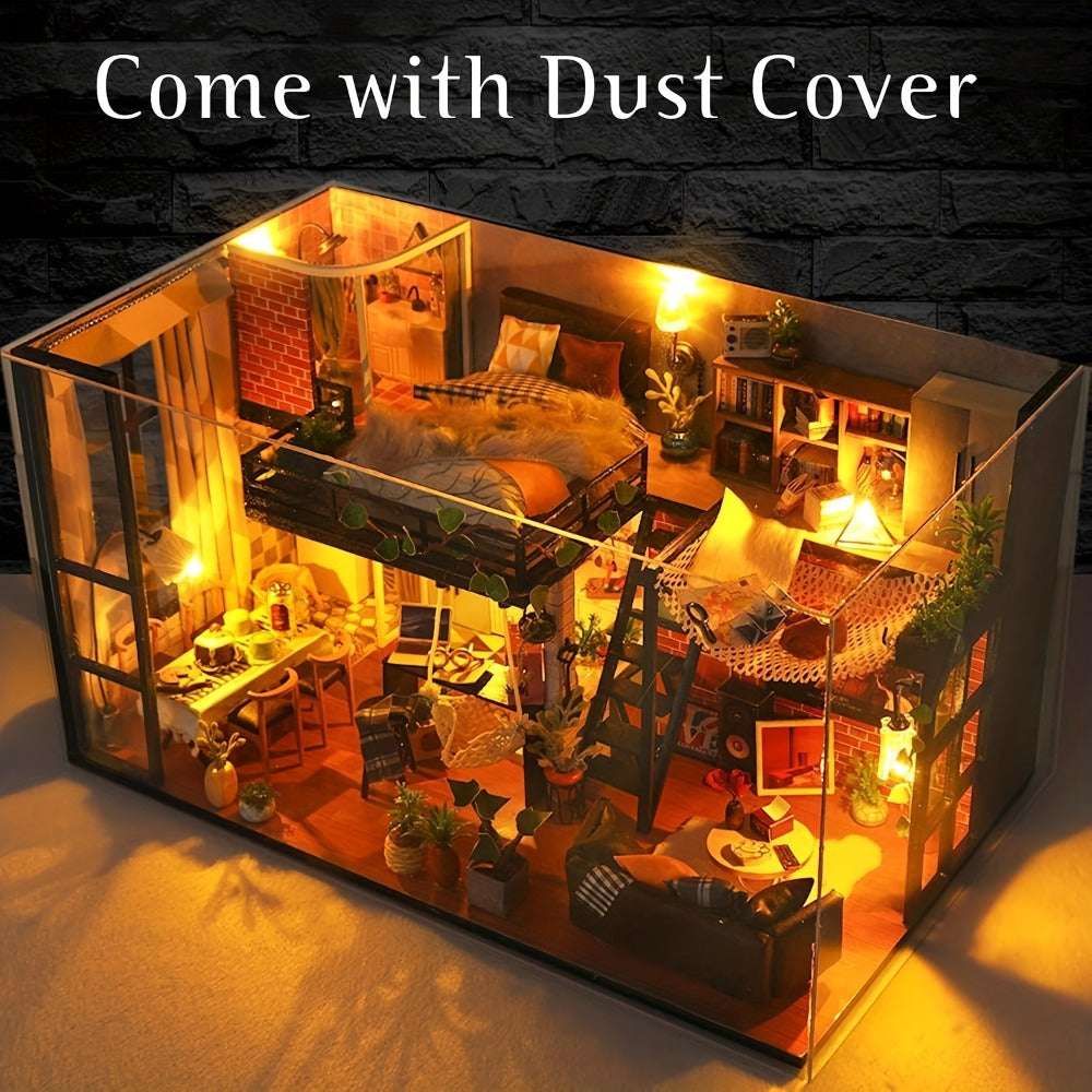 Miniature Apartment Dollhouse Kit with Protective Cover Handmade 3D Puzzle DIY House Furniture Accessories Home Decor Gift for Adults Teens Birthday Christmas Anniversary