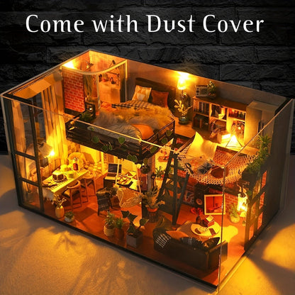 Miniature Apartment Dollhouse Kit with Protective Cover Handmade 3D Puzzle DIY House Furniture Accessories Home Decor Gift for Adults Teens Birthday Christmas Anniversary