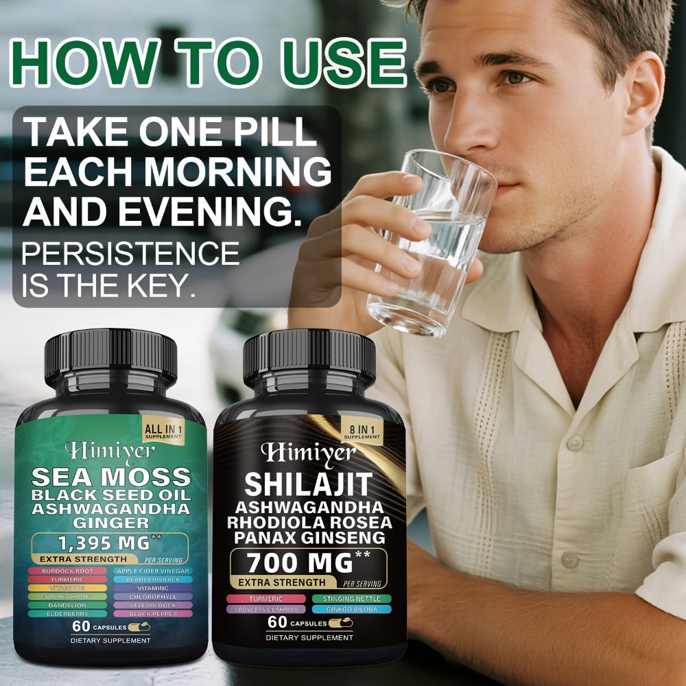 Sea Moss Shilajit Bundle 6-Pack 3-Month Supply with Black Seed Oil Ashwagandha Rhodiola Ginseng Ginger Turmeric - All-in-1 Adaptogen Complex for Energy Immunity & Vitality Men & Women