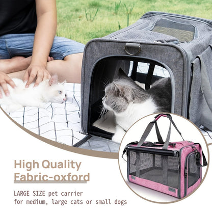 Airline Approved Pet Carrier Soft Sided Collapsible for Cats & Small Dogs - Breathable Oxford Cloth Travel Bag with Zipper Closure, Privacy Cover & Combo Set with Collar Leash Harness, Blue Pink Grey Green Beige