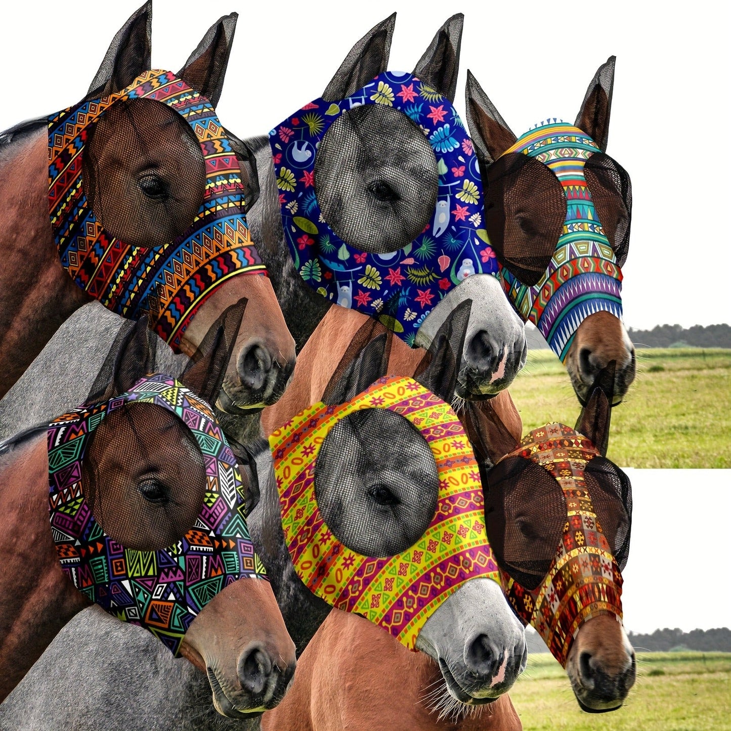 Horse Fly Mask with Ears 6-Pack – Soft Elastic Breathable Face Covering for Horses | Smooth Comfortable Fit, Geometric Pattern, Medium Size, Equine Riding Supplies & Fly Protection