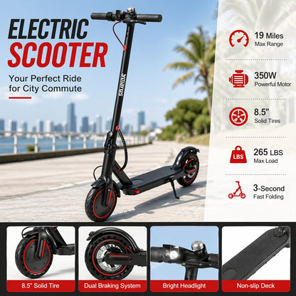 Electric Scooter for Adults 350W Motor Foldable Commuter E-Scooter 19 Miles Range 8.5" Solid Tires Portable Lightweight Travel Scooter for City Riding Shopping Commuting
