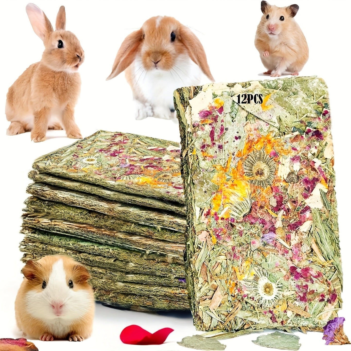 Rabbit Chew Toys for Teeth – 12-Pack Natural Timothy Hay Chips with Herbal Flowers | Bunny Molar Treats & Small Animal Snacks for Guinea Pigs, Chinchillas, Hamsters & Rats