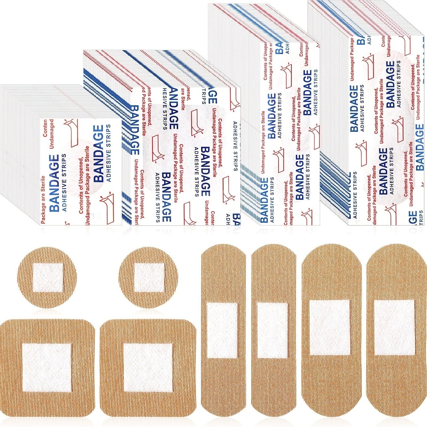 Fingertip Bandages Bulk Pack 100/200pcs, 4 Styles Flexible Fabric Adhesive Bandages, Breathable Skin-Tone Wound Care Strips for Finger Injuries, Family First Aid Kit Refill