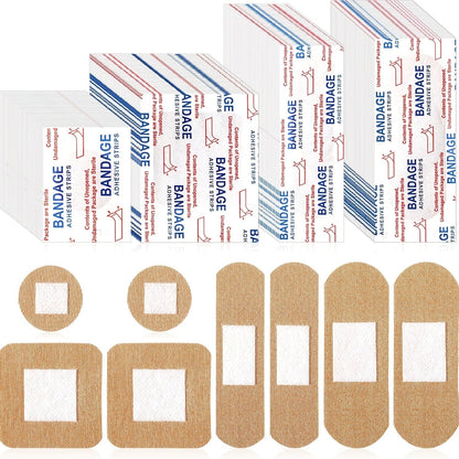 Fingertip Bandages Bulk Pack 100/200pcs, 4 Styles Flexible Fabric Adhesive Bandages, Breathable Skin-Tone Wound Care Strips for Finger Injuries, Family First Aid Kit Refill