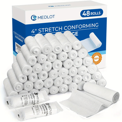 Stretch Gauze Bandage Roll 48 Count Individually Wrapped - 4 Inch x 4 Yards Latex Free Conforming Gauze Wrap for First Aid, Wrist, Knee, Wound Care, Hemostasis & Outdoor Emergency Medical Supplies