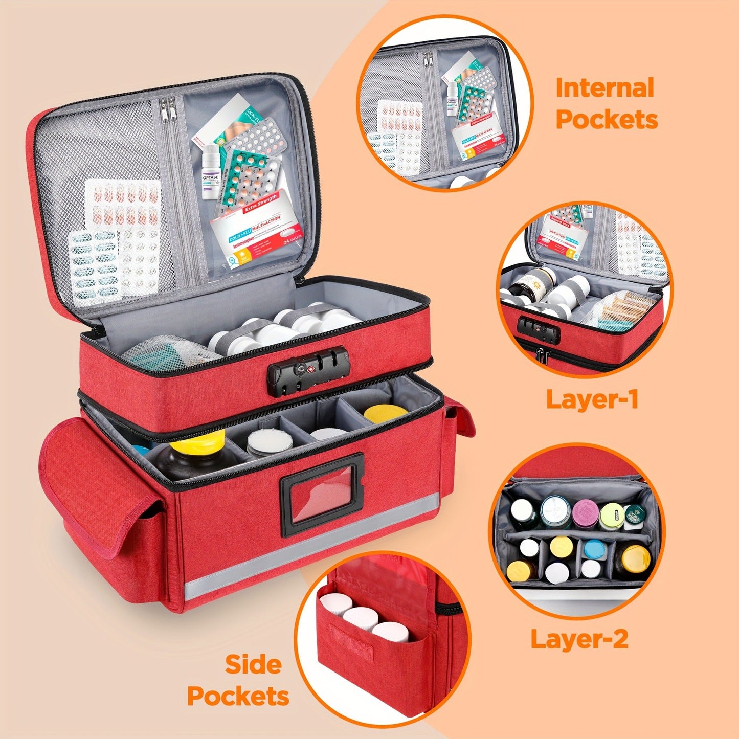 Lockable Medicine Organizer Bag with Combination Lock, Double-Layer Large Capacity Pill Bottle Storage Case for Prescription Bottles First Aid Supplies Home Travel, Portable Medication Carry Bag Red Grey Black