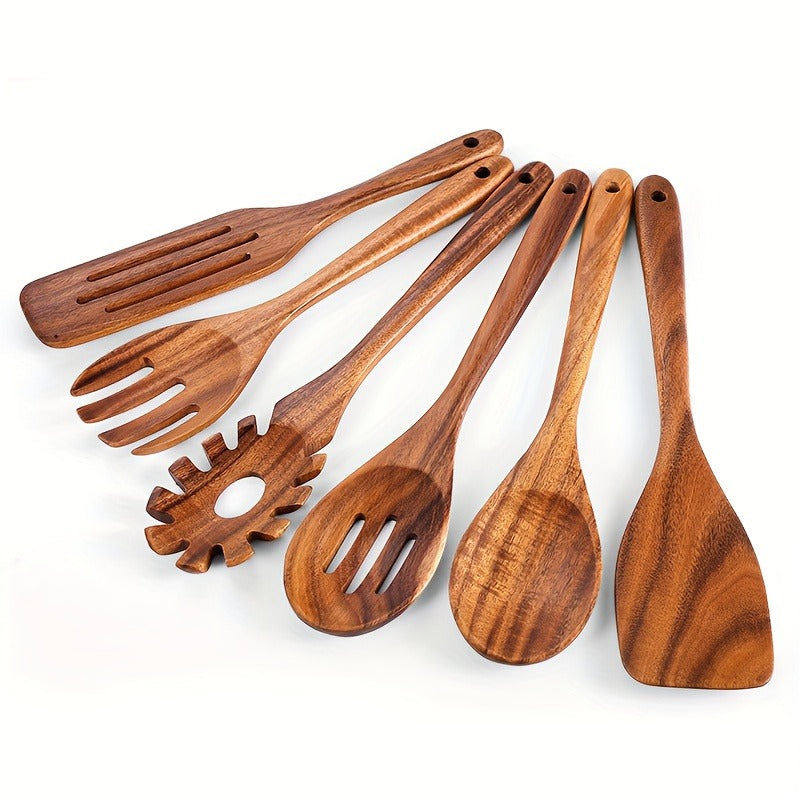 Wooden Cooking Utensils Set 6 Piece – Teak Wood Non-Stick Kitchen Tools with Comfortable Grip | Sturdy, Lightweight & Heat-Resistant Utensils for Indoor & Outdoor Cooking