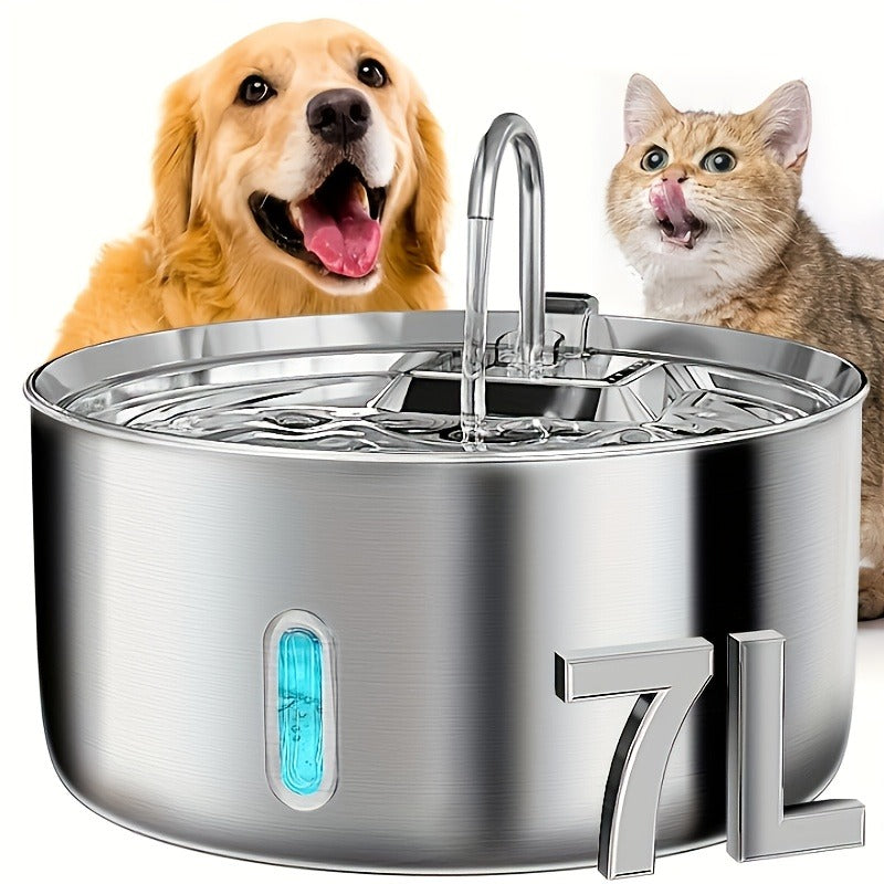 Large Stainless Steel Pet Water Fountain 236oz / 7L - Automatic Cat & Dog Water Dispenser, Multi-Stage Filtration, Visible Water Level Window, USB Powered, Replacement Filters Included, FT007