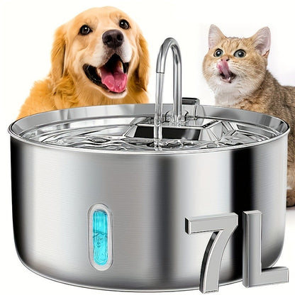 Large Stainless Steel Pet Water Fountain 236oz / 7L - Automatic Cat & Dog Water Dispenser, Multi-Stage Filtration, Visible Water Level Window, USB Powered, Replacement Filters Included, FT007