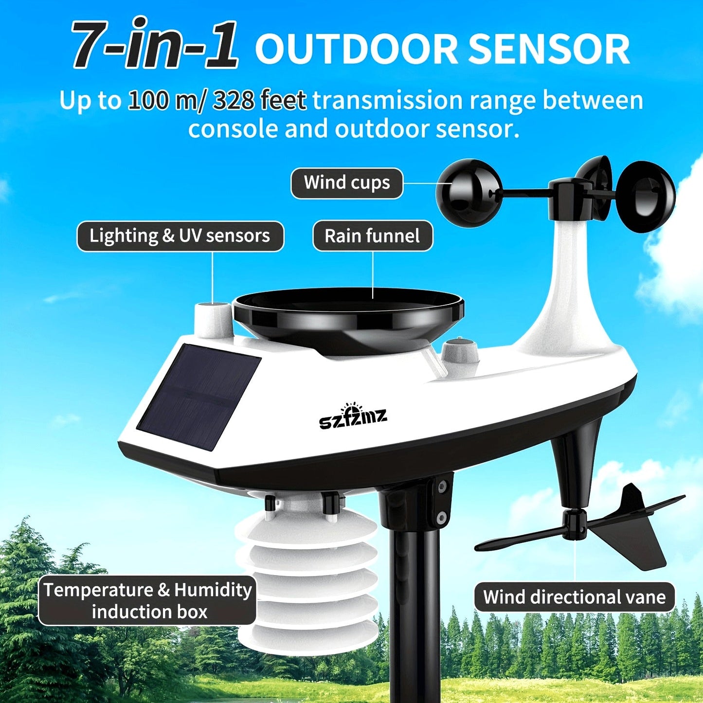 7-in-1 WiFi Home Weather Station – Wireless Indoor & Outdoor with Rain Gauge, Wind Speed, Solar Sensor & Smart App