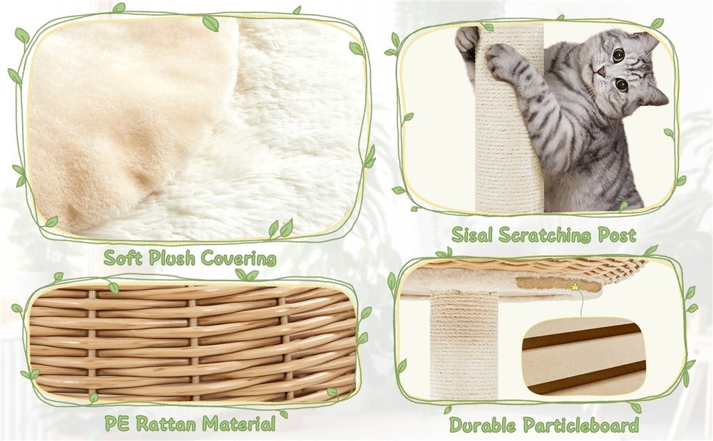 Cat Tree 29.5 Inch Rattan Cat House with Natural Sisal Scratching Post – Woven Cat Condo, Soft Cushion Perch, Hanging Bell Toy, Luxury Cat Furniture for Small to Medium Cats, Beige