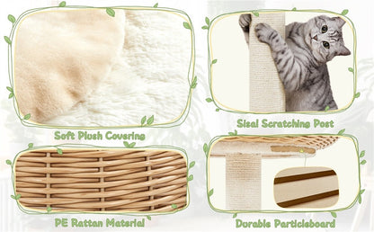 Cat Tree 29.5 Inch Rattan Cat House with Natural Sisal Scratching Post – Woven Cat Condo, Soft Cushion Perch, Hanging Bell Toy, Luxury Cat Furniture for Small to Medium Cats, Beige