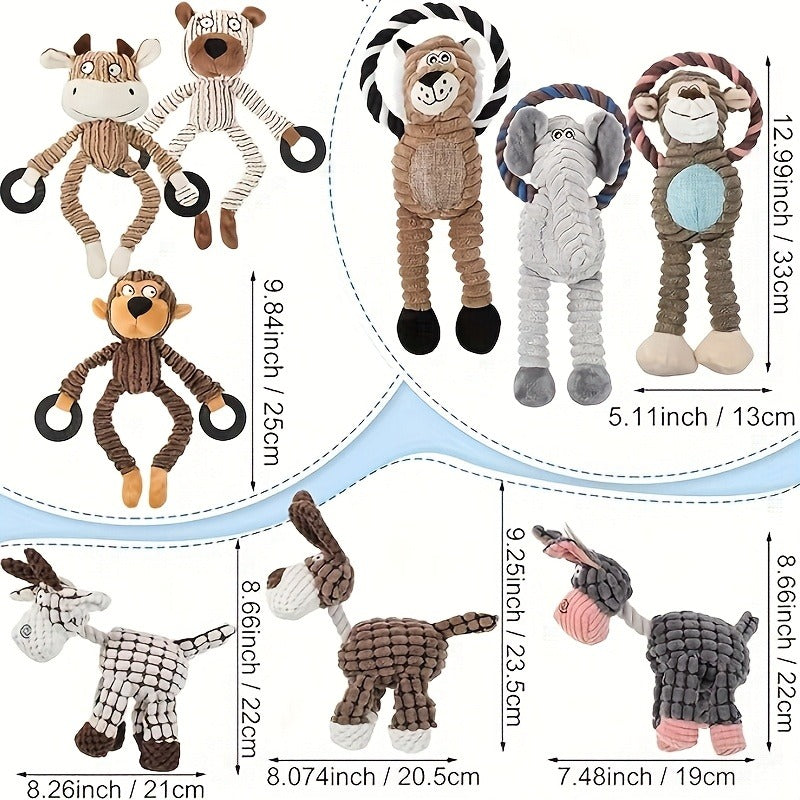 Squeaky Plush Rope Dog Toy Set with Animal Print for Aggressive Chewers - 6 8 or 10 Pack Interactive Tug-of-War Chew Toys for All Dog Breeds No Batteries Required
