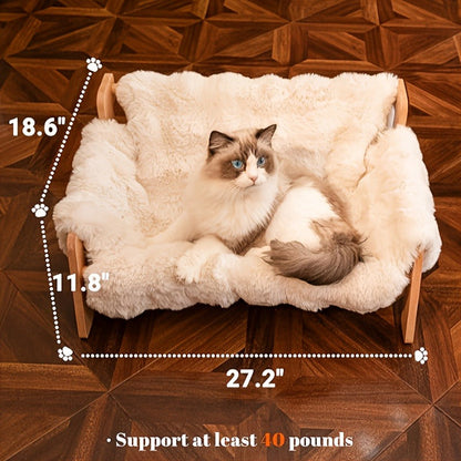 Raised Solid Wood Pet Couch Bed Elevated Modern Cat & Dog Sofa Chair 27x18x12 Inch - Thick Wide Wood Frame Space-Saving Cozy Pet Furniture for Cats & Small Dogs in White & Grey