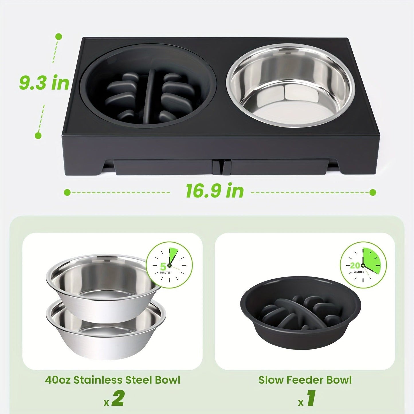 Elevated Dog Bowl Stand with 3 Stainless Steel Bowls – 5 Adjustable Heights, Slow Feeder Design for Small Medium Large Dogs | Anti-Slip Raised Dog Feeder Station (Black & Gray)