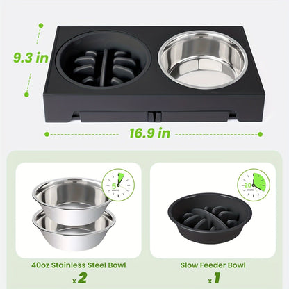 Elevated Dog Bowl Stand with 3 Stainless Steel Bowls – 5 Adjustable Heights, Slow Feeder Design for Small Medium Large Dogs | Anti-Slip Raised Dog Feeder Station (Black & Gray)