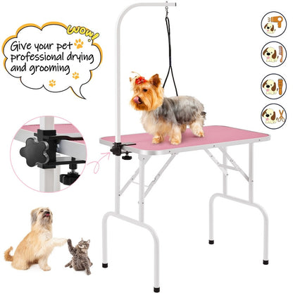 Pet Grooming Table Foldable with Height Adjustable Arm – Non-Slip Waterproof Surface, Folding Legs, Sturdy Metal Frame, Professional Dog Cat Beauty Trimming Table for Home & Salon