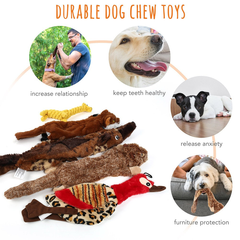 Squeaky Dog Toys 5-Pack No Stuffing Plush Chew Toy Bundle - Durable Animal Toys for Small Medium Large Dogs, Double Squeaker Puppy Teething Toy Set with Bonus Cotton Rope Toy