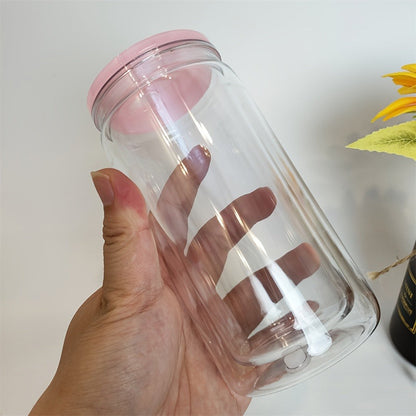 Clear Plastic Snow Globe Tumblers 16oz Double Wall Bulk Set 25 or 50 Cups Pre-Drilled Hole Colored Lid Straw for Iced Coffee Boba Soda Party DIY Customization