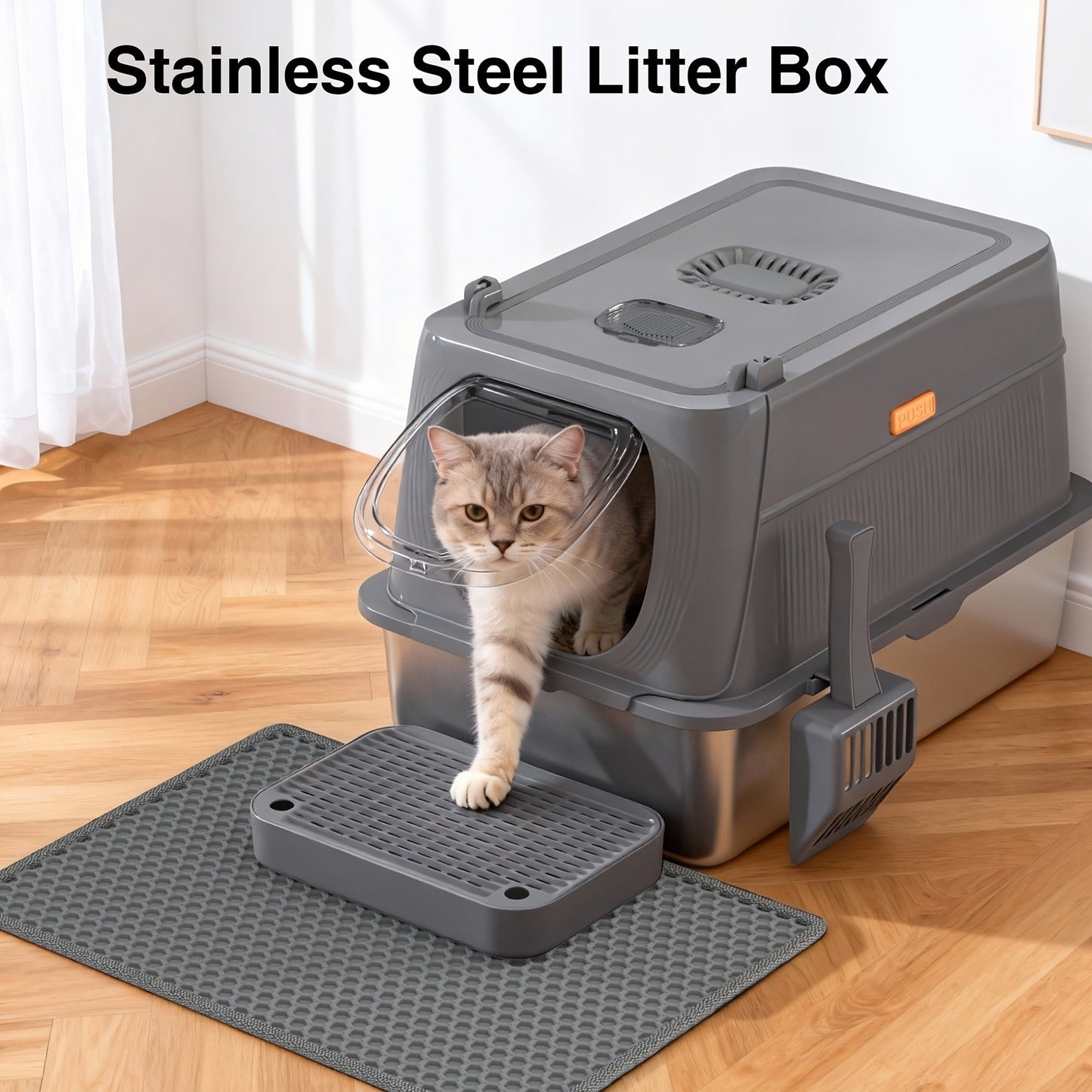 Extra Large Enclosed Cat Litter Box - Stainless Steel with Front Flap Door, Foldable Anti-Splash Fully Covered Design, Superior Odor Control Indoor Cat Toilet, 3 Colors, CITYLIFE Oversized