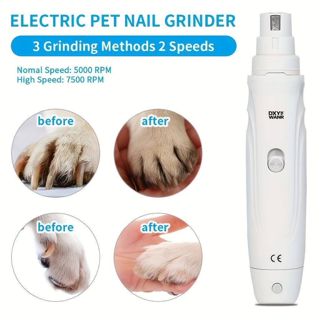 Electric Pet Nail Grinder 2-Speed 3-Port - Rechargeable Quiet Dog Cat Nail Trimmer with 3 Hour Battery Life, Painless Paw Nail Polisher for Small Medium Large Dogs All Breeds, White