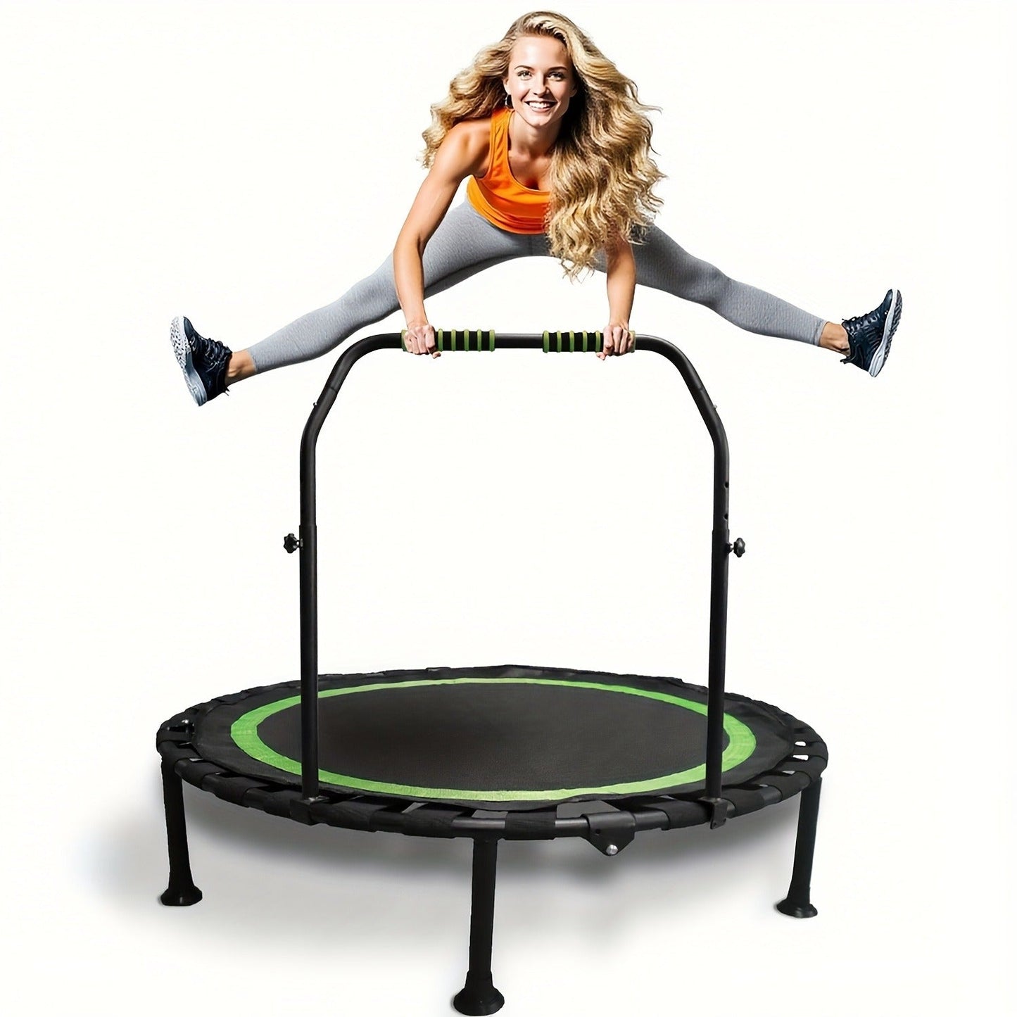 Mini Trampoline 40 Inch Collapsible Fitness Rebounder 660LBS Capacity, Adjustable Foam Handle Bars, Durable Elastic Straps & Thick Steel Frame, Quiet Indoor Outdoor Exercise Trampoline, Blue Green Red