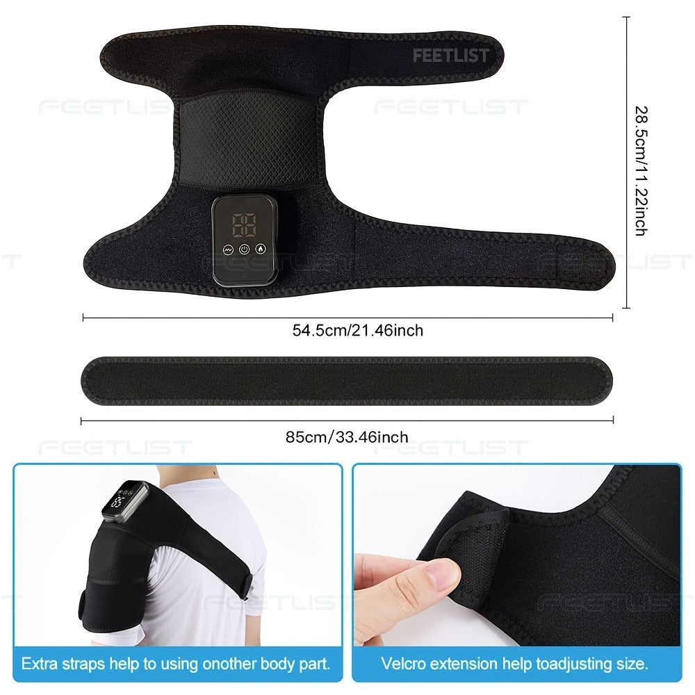 Cordless Heated Shoulder Massager with Vibration – 3 Heat Levels & 3 Vibration Intensities Electric Heating Pad for Shoulder, Elbow & Knee Pain Relief, LED Touch Screen, USB & Battery Powered