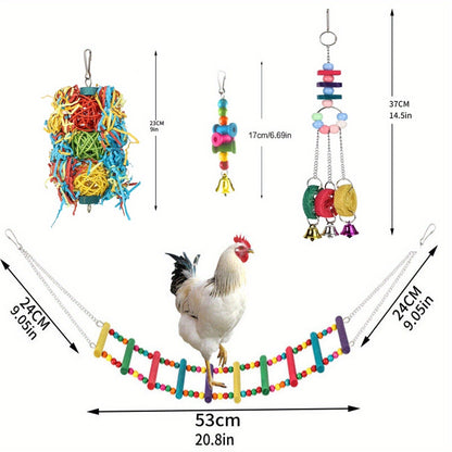 Chicken Coop Toys Set – Xylophone, Swing, Mirror, Step Ladder & Pecking Toys for Hens, Wood & Colorful Bead Enrichment Accessories for Backyard Chickens & Parrots, 5pcs or 9pcs