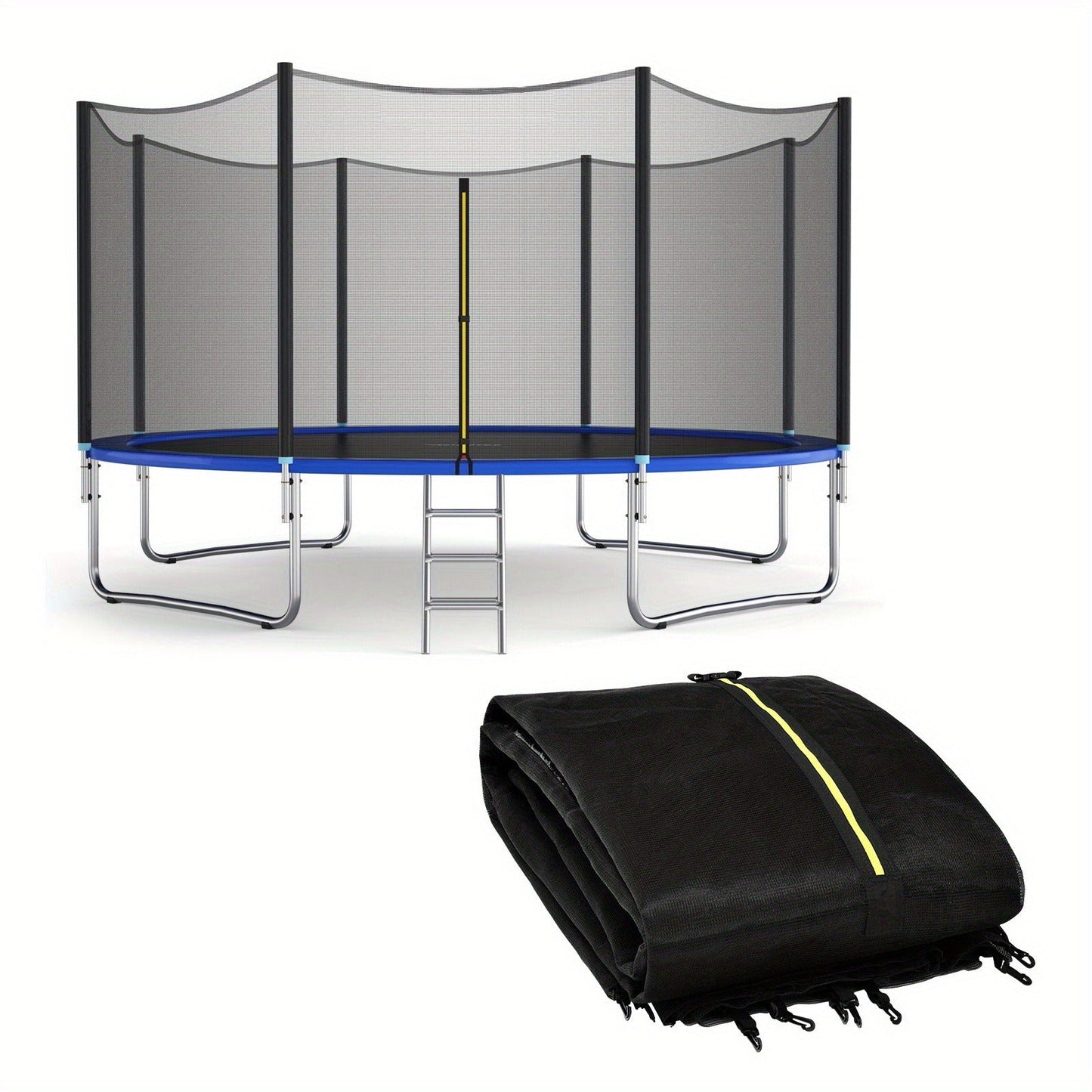 Trampoline Safety Net Replacement 12FT 14FT – PE Enclosure Net with Zipper Door & Safety Buckles for 8 Straight Poles