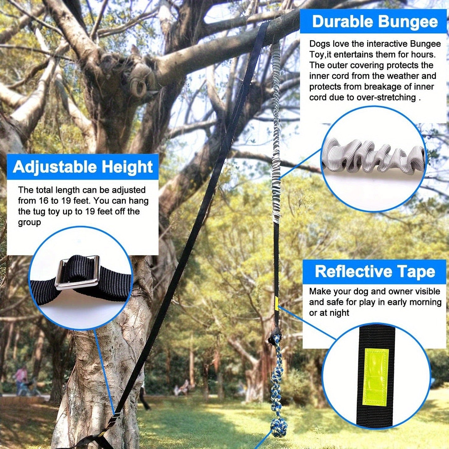 Bungee Dog Tug Toy Outdoor Hanging from Tree Height Adjustable 19.7 Ft Elastic Cord Tether with Chew Rope - Solo & Interactive Exercise Play for All Dog Breeds Small to Large