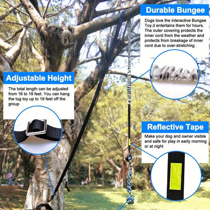 Bungee Dog Tug Toy Outdoor Hanging from Tree Height Adjustable 19.7 Ft Elastic Cord Tether with Chew Rope - Solo & Interactive Exercise Play for All Dog Breeds Small to Large