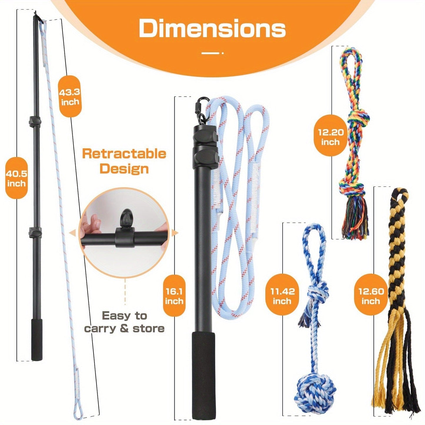 Dog Flirt Pole Telescopic - Extendable Flirt Stick with 3 Detachable Toys & Nylon Rope, Aluminum Alloy Dog Chase Toy for Small Medium Large Dogs, Agility Training Exercise & Interactive Play Tool